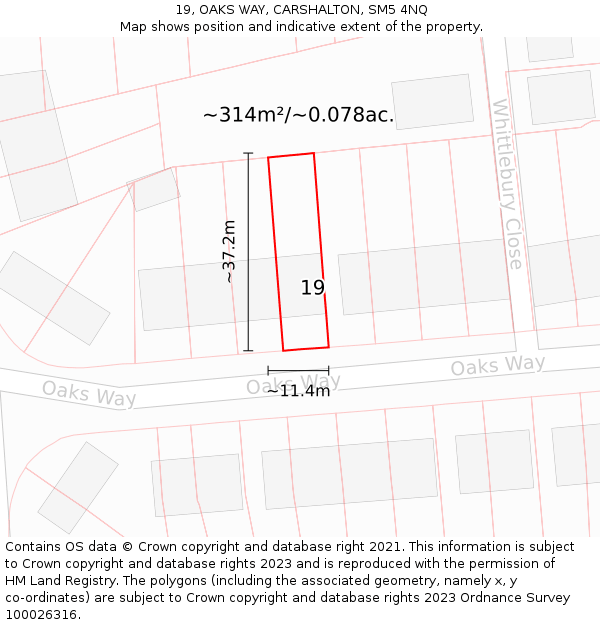19, OAKS WAY, CARSHALTON, SM5 4NQ: Plot and title map