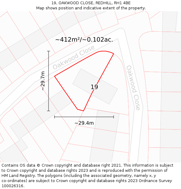 19, OAKWOOD CLOSE, REDHILL, RH1 4BE: Plot and title map