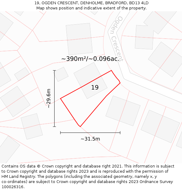 19, OGDEN CRESCENT, DENHOLME, BRADFORD, BD13 4LD: Plot and title map