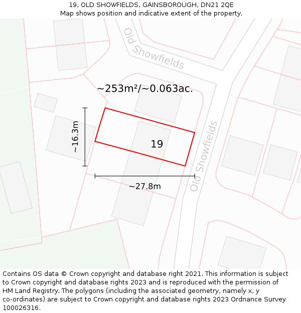 19, OLD SHOWFIELDS, GAINSBOROUGH, DN21 2QE: Plot and title map