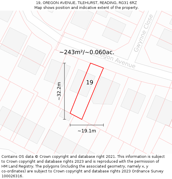 19, OREGON AVENUE, TILEHURST, READING, RG31 6RZ: Plot and title map
