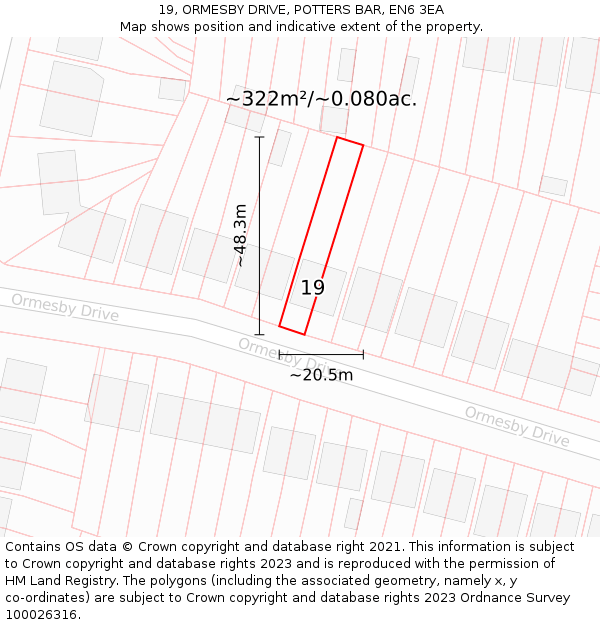 19, ORMESBY DRIVE, POTTERS BAR, EN6 3EA: Plot and title map