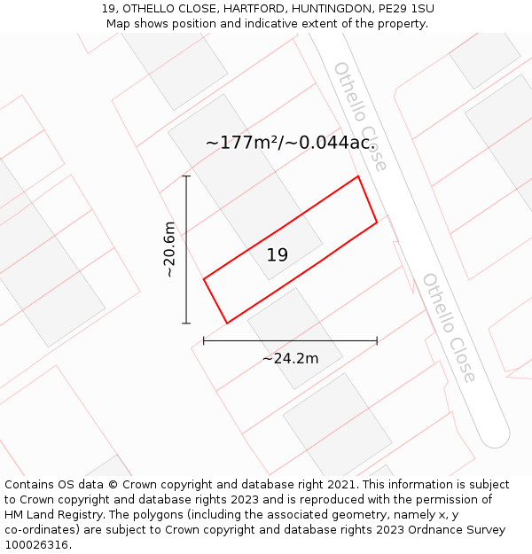 19, OTHELLO CLOSE, HARTFORD, HUNTINGDON, PE29 1SU: Plot and title map