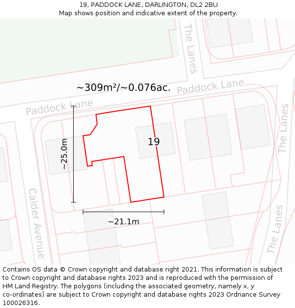 19, PADDOCK LANE, DARLINGTON, DL2 2BU: Plot and title map