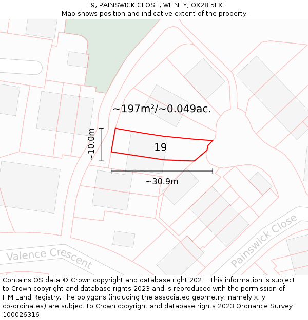 19, PAINSWICK CLOSE, WITNEY, OX28 5FX: Plot and title map