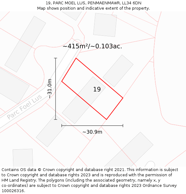 19, PARC MOEL LUS, PENMAENMAWR, LL34 6DN: Plot and title map