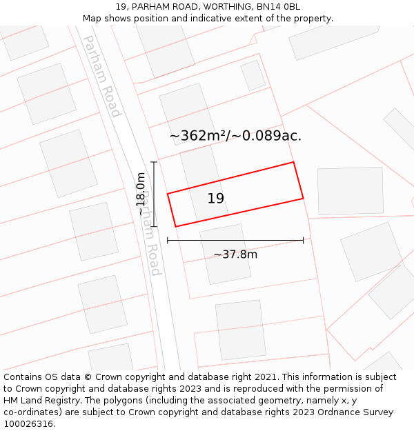 19, PARHAM ROAD, WORTHING, BN14 0BL: Plot and title map