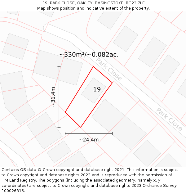 19, PARK CLOSE, OAKLEY, BASINGSTOKE, RG23 7LE: Plot and title map