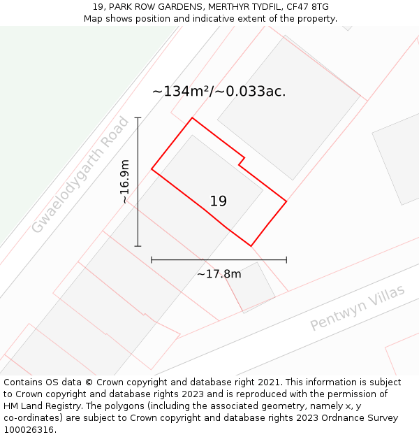 19, PARK ROW GARDENS, MERTHYR TYDFIL, CF47 8TG: Plot and title map
