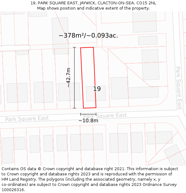 19, PARK SQUARE EAST, JAYWICK, CLACTON-ON-SEA, CO15 2NL: Plot and title map