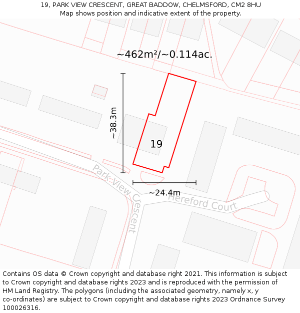 19, PARK VIEW CRESCENT, GREAT BADDOW, CHELMSFORD, CM2 8HU: Plot and title map