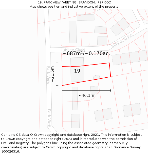 19, PARK VIEW, WEETING, BRANDON, IP27 0QD: Plot and title map
