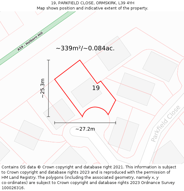 19, PARKFIELD CLOSE, ORMSKIRK, L39 4YH: Plot and title map