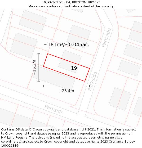 19, PARKSIDE, LEA, PRESTON, PR2 1YS: Plot and title map