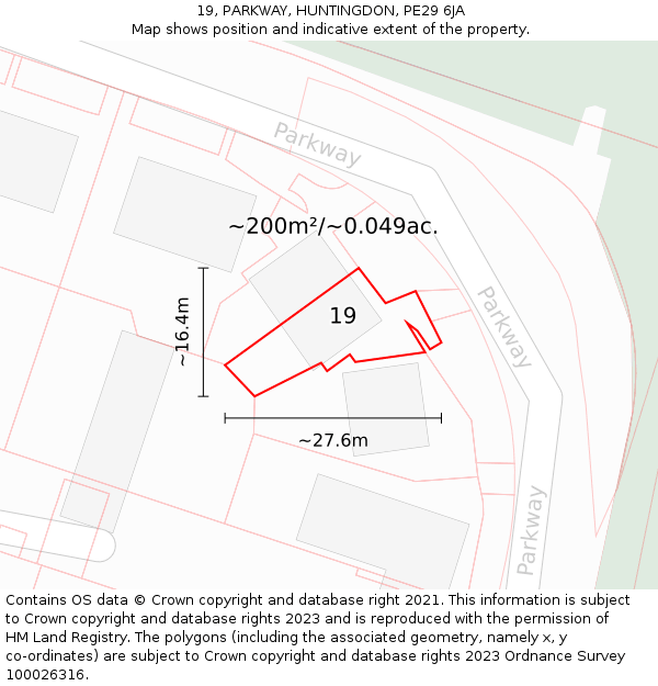 19, PARKWAY, HUNTINGDON, PE29 6JA: Plot and title map