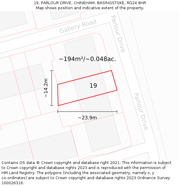 19, PARLOUR DRIVE, CHINEHAM, BASINGSTOKE, RG24 8HR: Plot and title map
