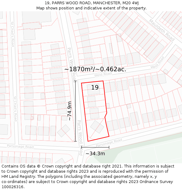 19, PARRS WOOD ROAD, MANCHESTER, M20 4WJ: Plot and title map