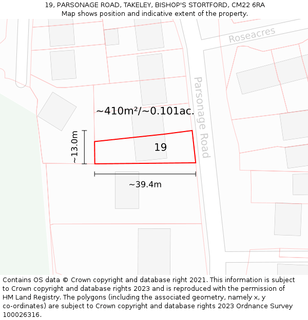 19, PARSONAGE ROAD, TAKELEY, BISHOP'S STORTFORD, CM22 6RA: Plot and title map