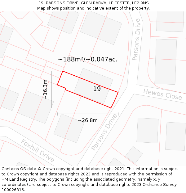 19, PARSONS DRIVE, GLEN PARVA, LEICESTER, LE2 9NS: Plot and title map