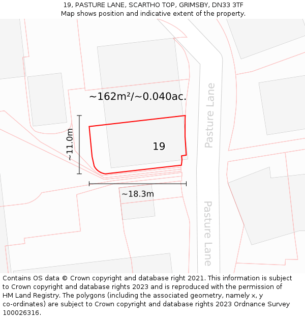 19, PASTURE LANE, SCARTHO TOP, GRIMSBY, DN33 3TF: Plot and title map