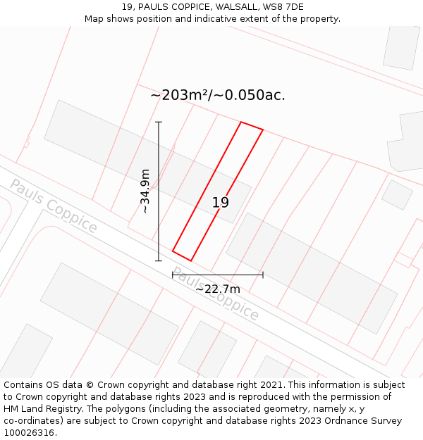 19, PAULS COPPICE, WALSALL, WS8 7DE: Plot and title map