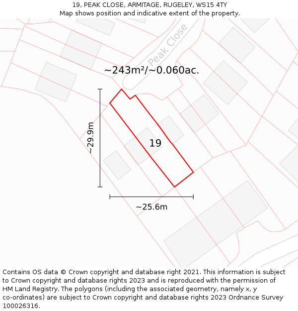 19, PEAK CLOSE, ARMITAGE, RUGELEY, WS15 4TY: Plot and title map