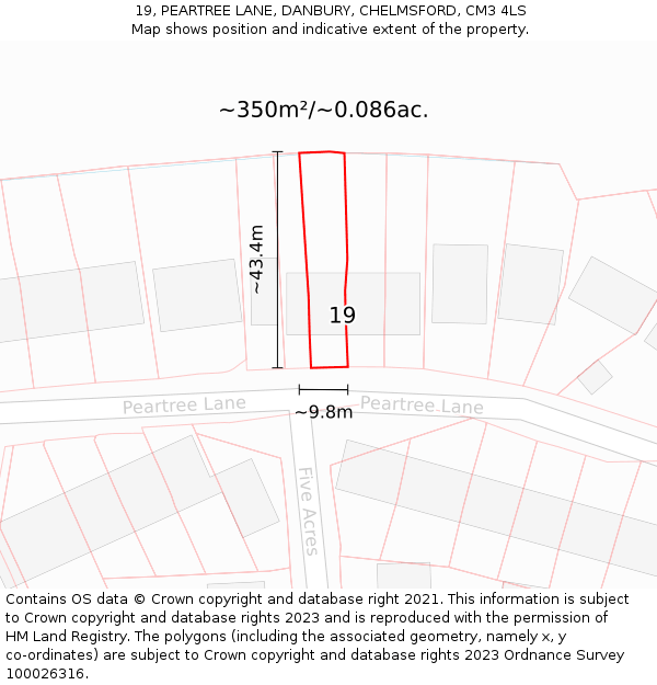 19, PEARTREE LANE, DANBURY, CHELMSFORD, CM3 4LS: Plot and title map