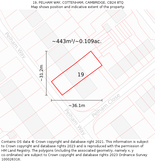 19, PELHAM WAY, COTTENHAM, CAMBRIDGE, CB24 8TQ: Plot and title map