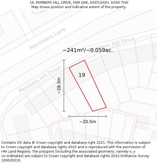 19, PEMBERS HILL DRIVE, FAIR OAK, EASTLEIGH, SO50 7HN: Plot and title map