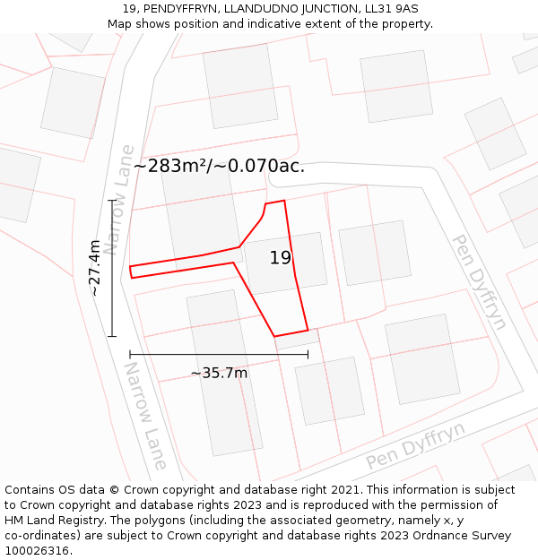 19, PENDYFFRYN, LLANDUDNO JUNCTION, LL31 9AS: Plot and title map
