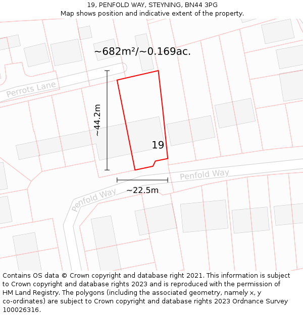 19, PENFOLD WAY, STEYNING, BN44 3PG: Plot and title map