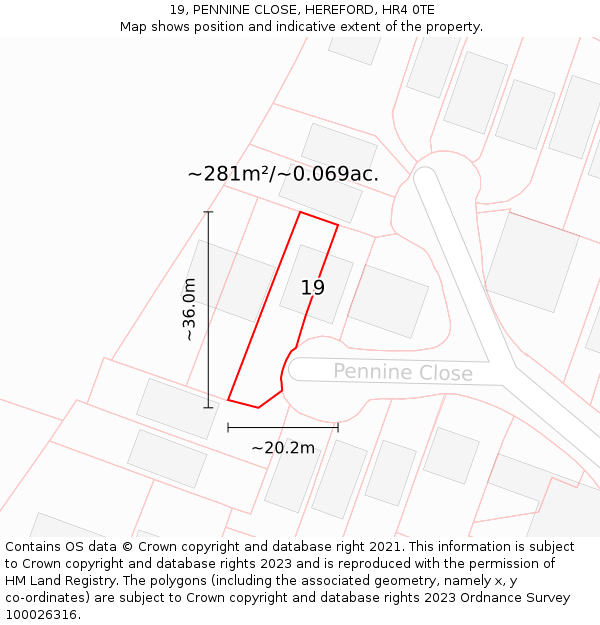19, PENNINE CLOSE, HEREFORD, HR4 0TE: Plot and title map