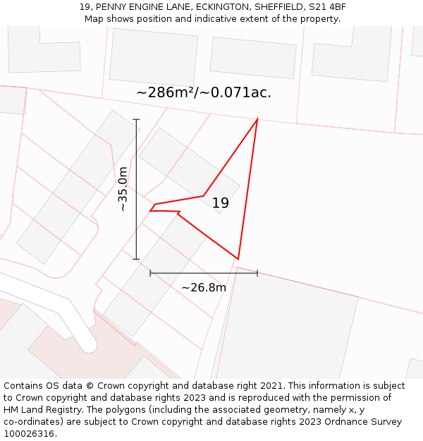 19, PENNY ENGINE LANE, ECKINGTON, SHEFFIELD, S21 4BF: Plot and title map