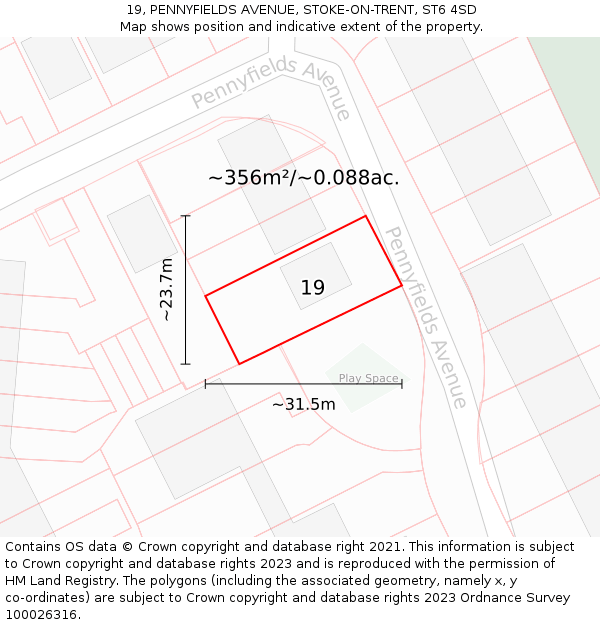 19, PENNYFIELDS AVENUE, STOKE-ON-TRENT, ST6 4SD: Plot and title map