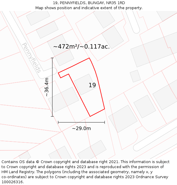 19, PENNYFIELDS, BUNGAY, NR35 1RD: Plot and title map