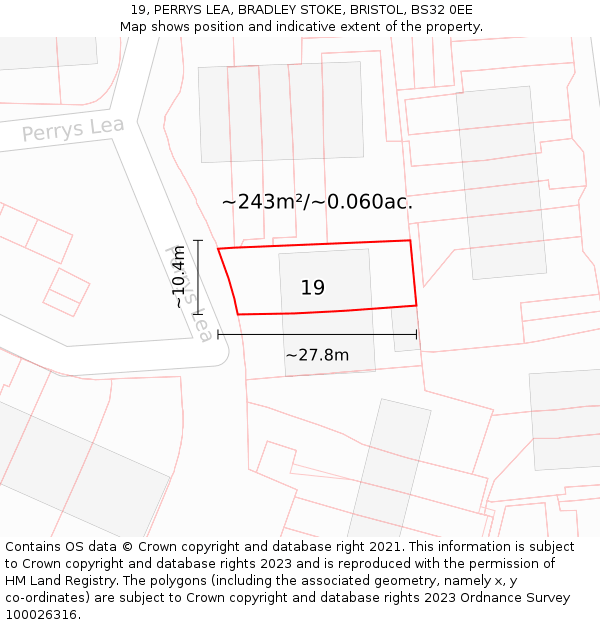 19, PERRYS LEA, BRADLEY STOKE, BRISTOL, BS32 0EE: Plot and title map
