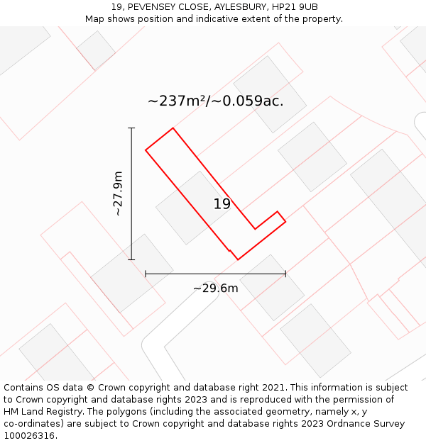 19, PEVENSEY CLOSE, AYLESBURY, HP21 9UB: Plot and title map