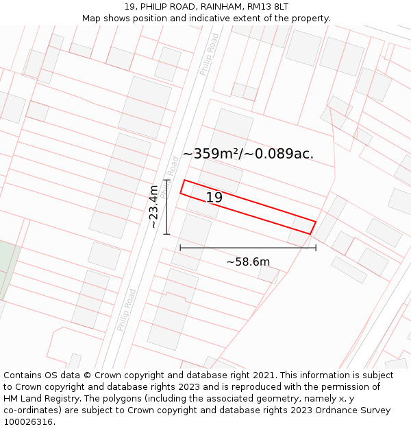 19, PHILIP ROAD, RAINHAM, RM13 8LT: Plot and title map