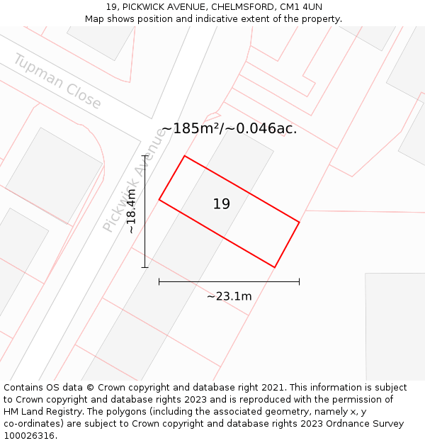19, PICKWICK AVENUE, CHELMSFORD, CM1 4UN: Plot and title map