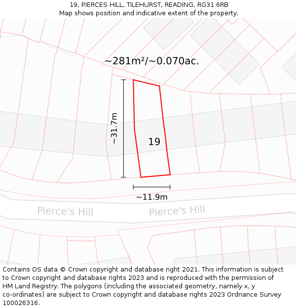 19, PIERCES HILL, TILEHURST, READING, RG31 6RB: Plot and title map