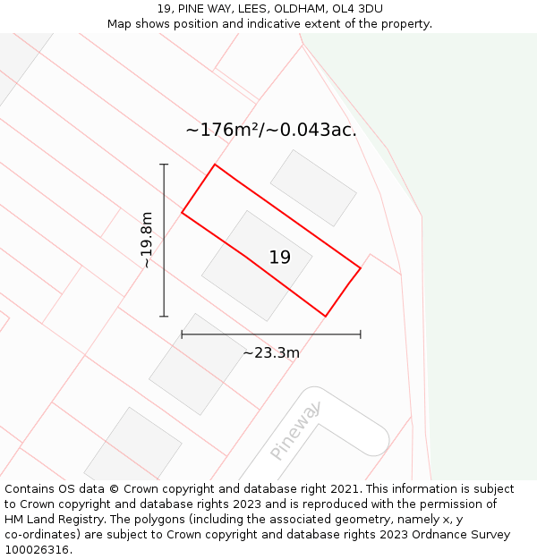19, PINE WAY, LEES, OLDHAM, OL4 3DU: Plot and title map