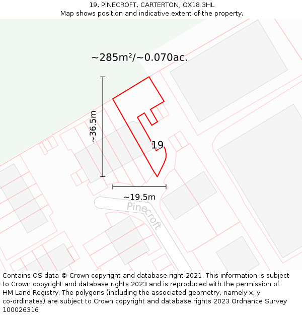 19, PINECROFT, CARTERTON, OX18 3HL: Plot and title map
