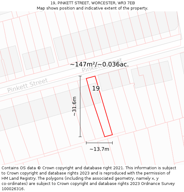 19, PINKETT STREET, WORCESTER, WR3 7EB: Plot and title map
