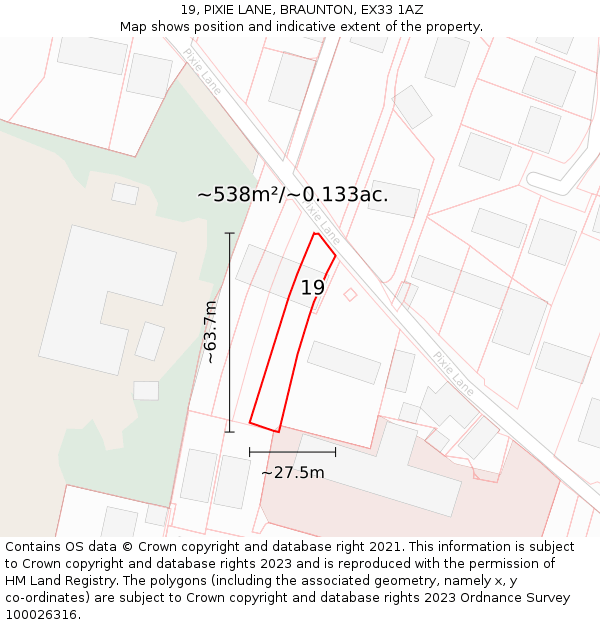 19, PIXIE LANE, BRAUNTON, EX33 1AZ: Plot and title map