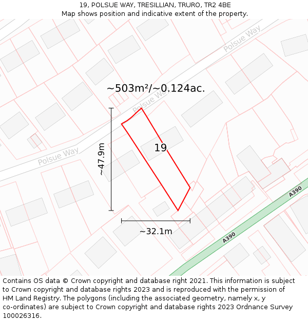19, POLSUE WAY, TRESILLIAN, TRURO, TR2 4BE: Plot and title map