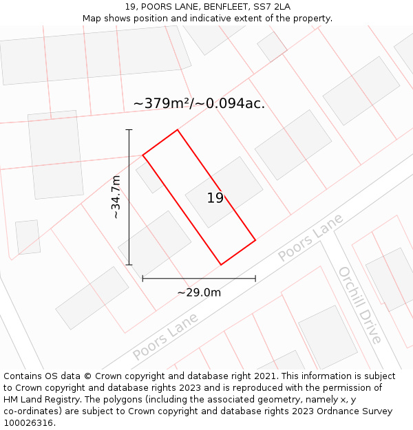 19, POORS LANE, BENFLEET, SS7 2LA: Plot and title map