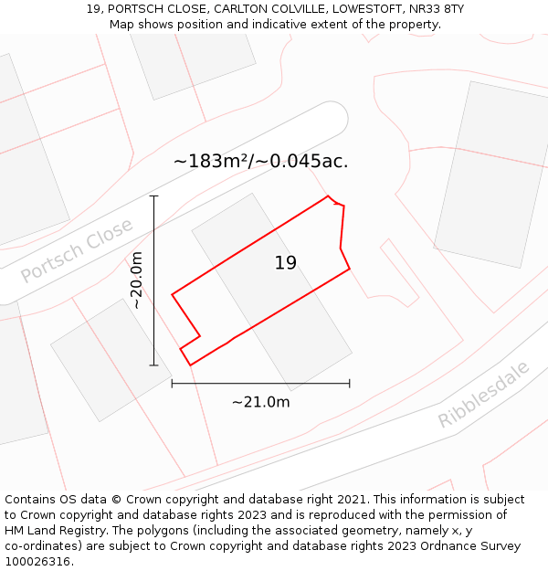 19, PORTSCH CLOSE, CARLTON COLVILLE, LOWESTOFT, NR33 8TY: Plot and title map