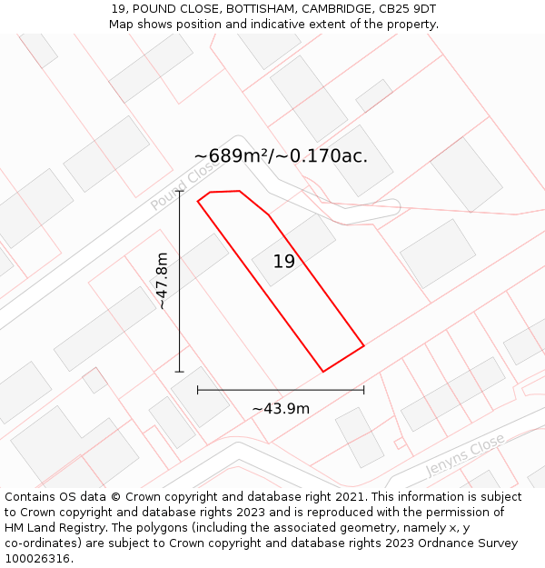 19, POUND CLOSE, BOTTISHAM, CAMBRIDGE, CB25 9DT: Plot and title map