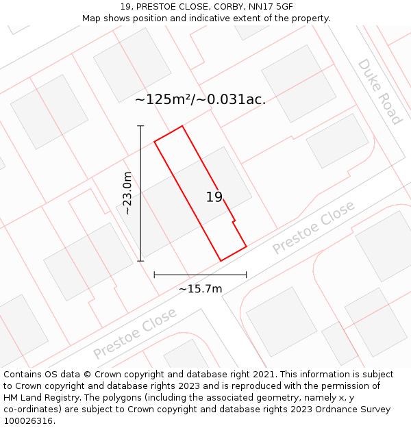 19, PRESTOE CLOSE, CORBY, NN17 5GF: Plot and title map