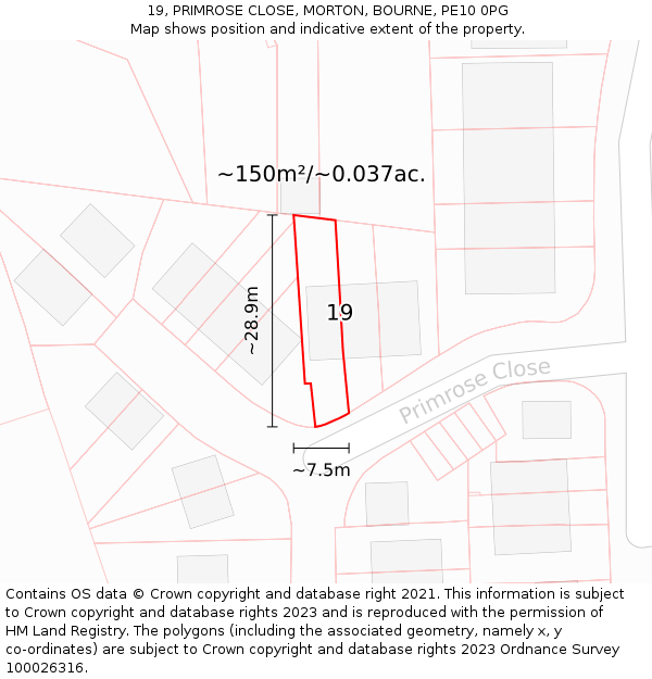 19, PRIMROSE CLOSE, MORTON, BOURNE, PE10 0PG: Plot and title map